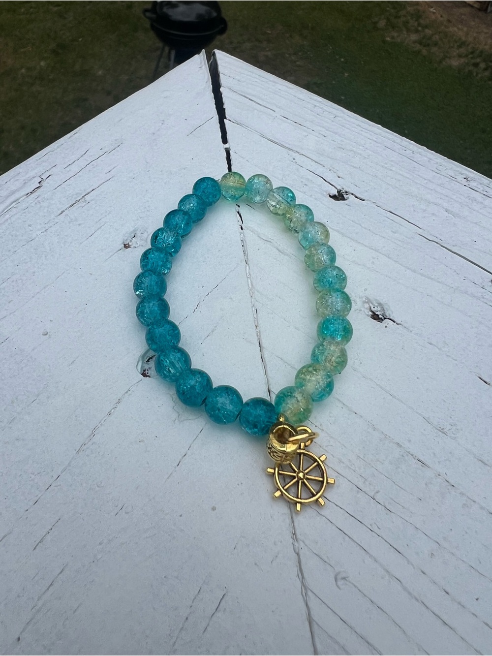 Nautical Blue and Aqua Glass Beaded Bracelet with Gold Ship Wheel Charm